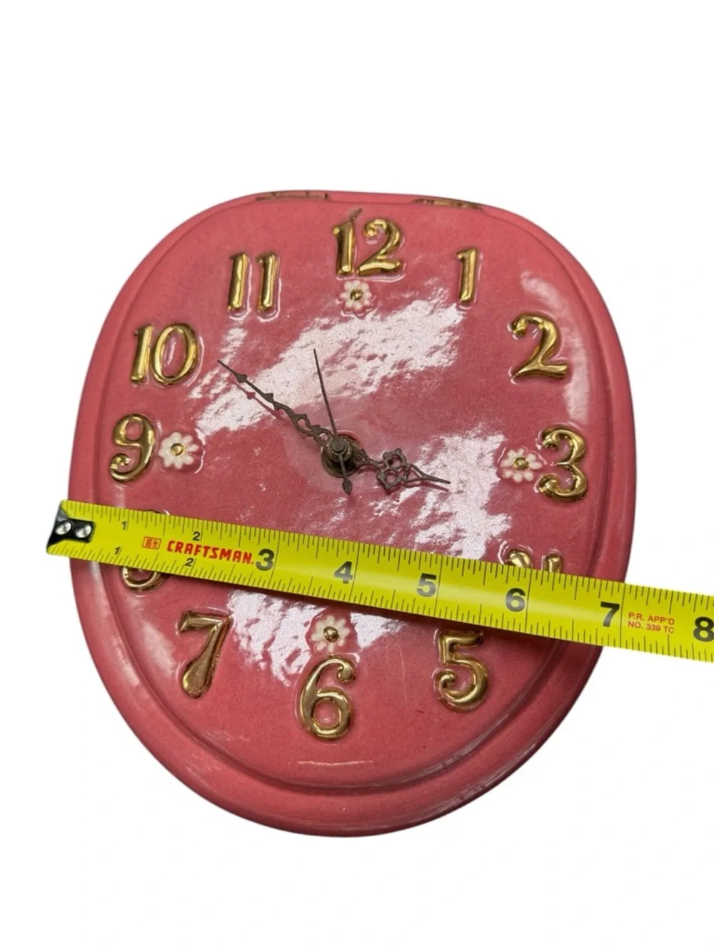 Vintage Pink Ceramic Wall Clock Gold Numbers Floral Retro Kitsch Quartz Works - Picture 7 of 9